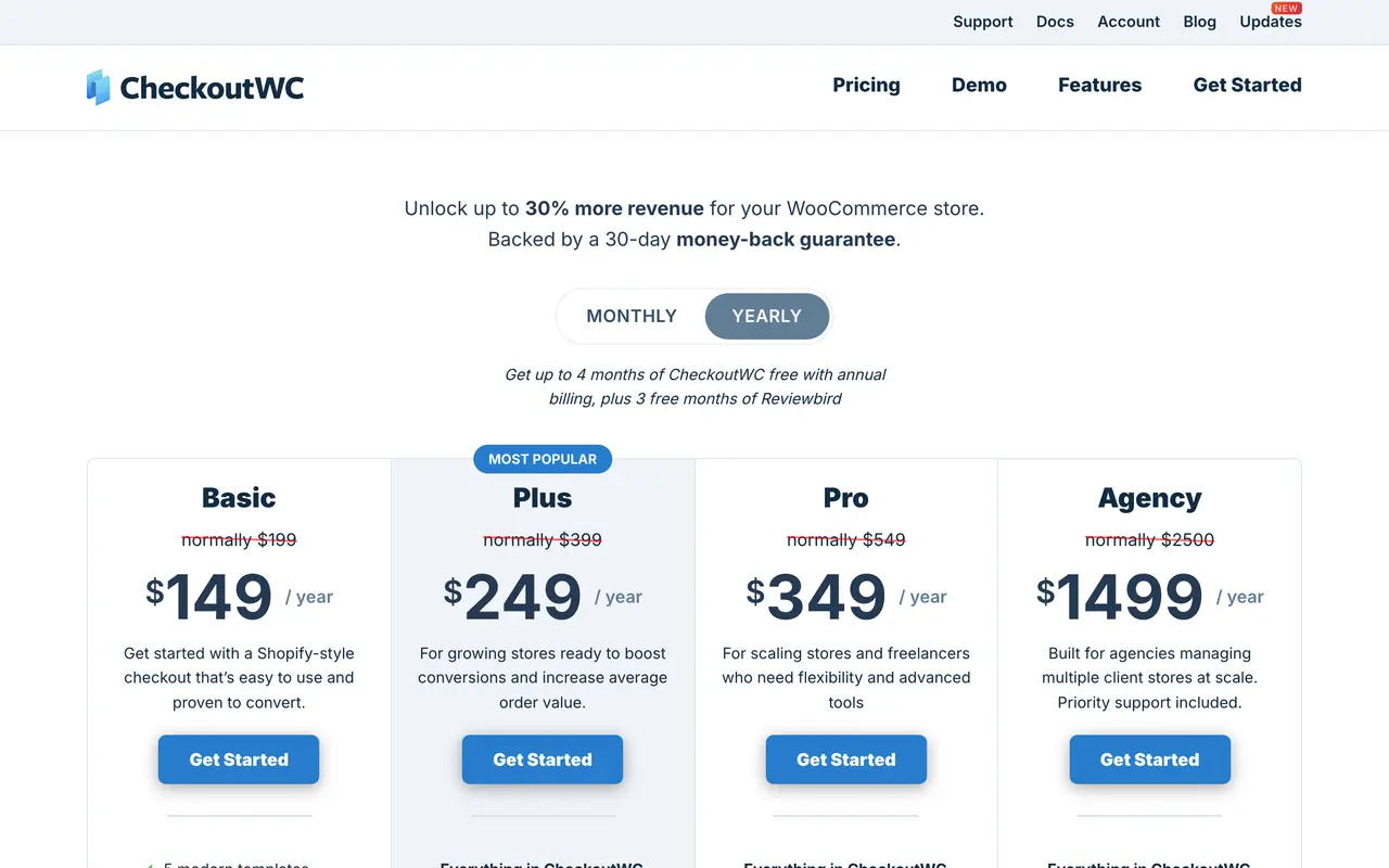 CheckoutWC pricing page - WooCommerce SaaS pricing tiers and plans