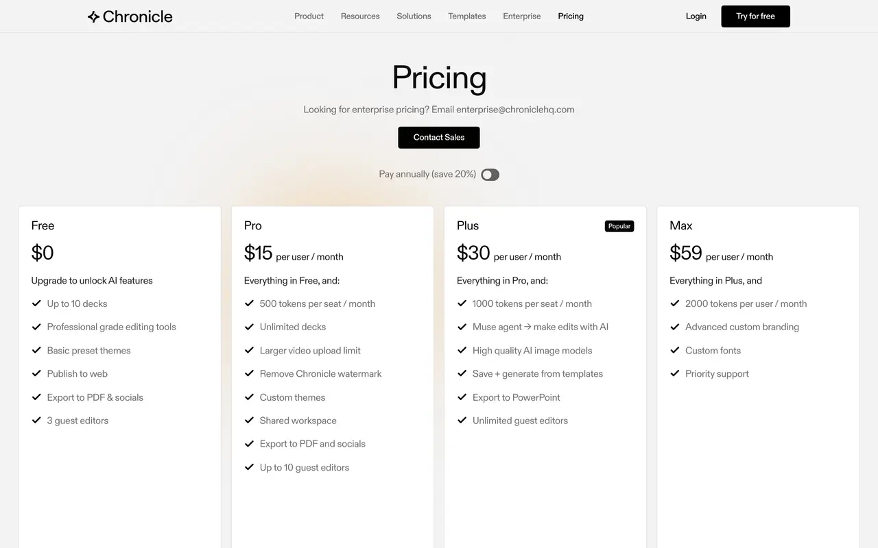 Chronicle pricing page - AI Presentations SaaS pricing tiers and plans