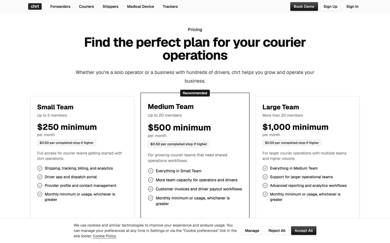 chrt pricing page - Supply Chain & Logistics SaaS pricing tiers and plans