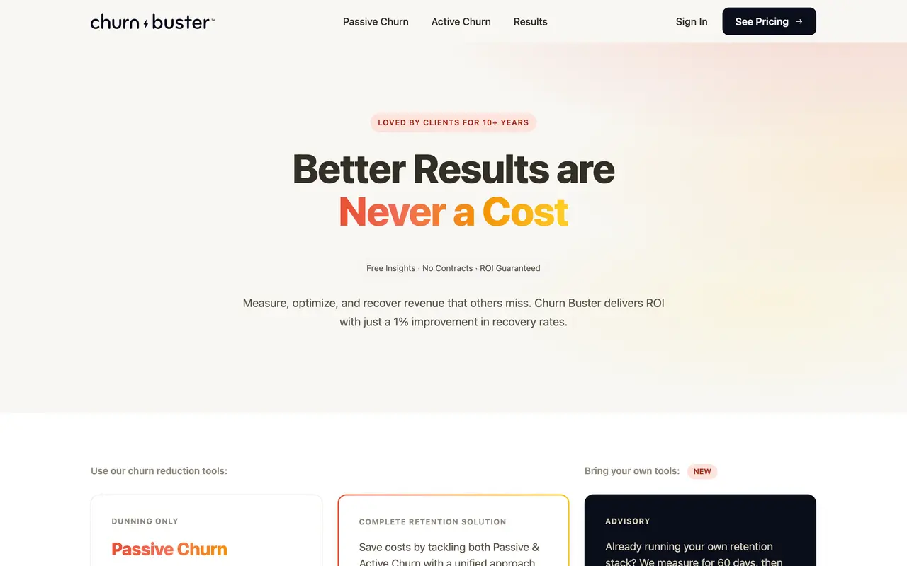 Churn Buster pricing page - Fintech SaaS pricing tiers and plans