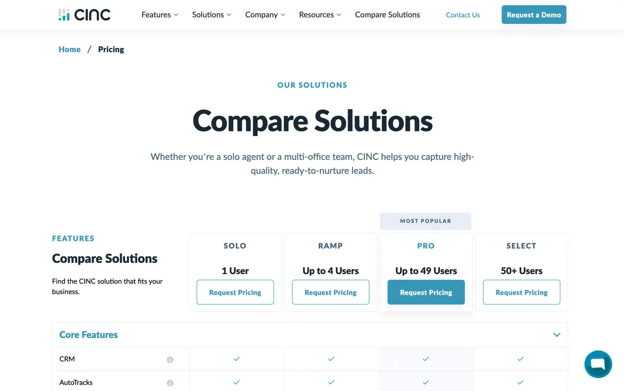CINC pricing page - Real Estate & PropTech SaaS pricing tiers and plans