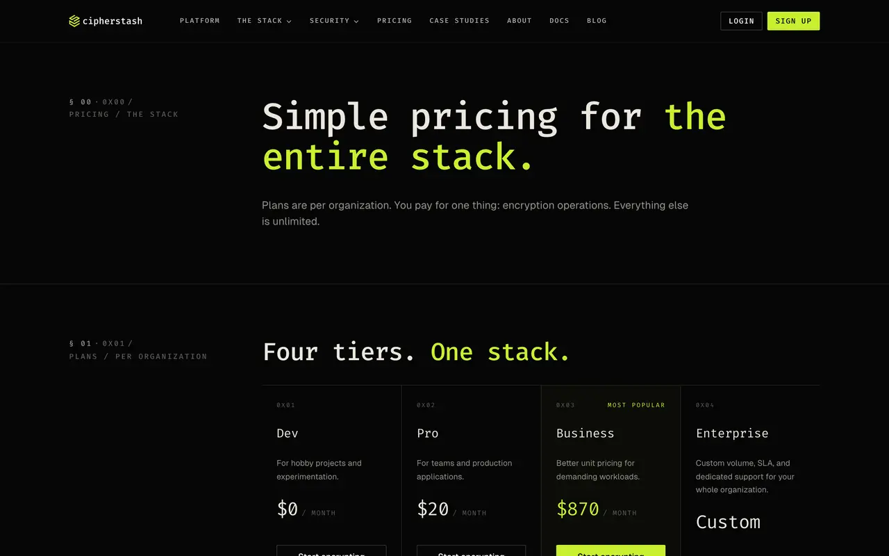 CipherStash pricing page - Database & Backend SaaS pricing tiers and plans