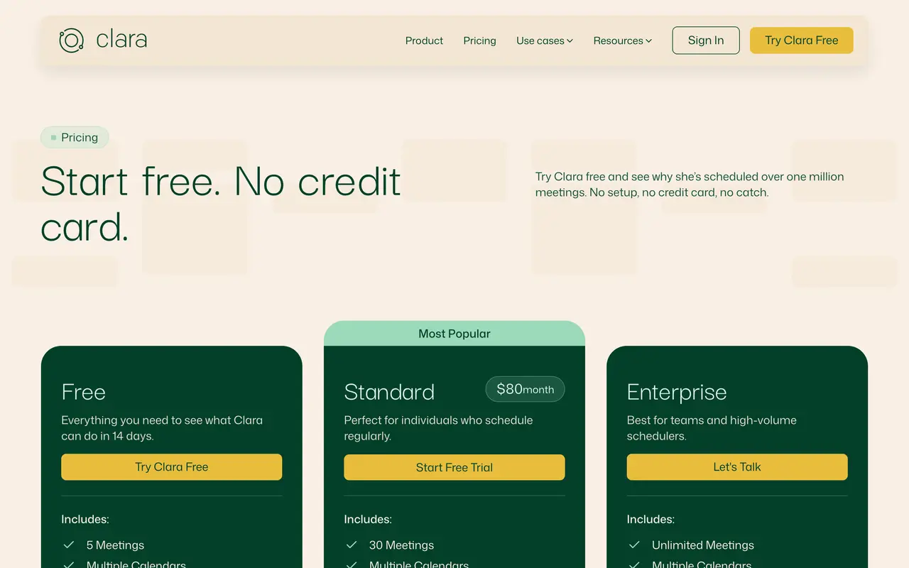 Clara pricing page - Scheduling & Booking SaaS pricing tiers and plans