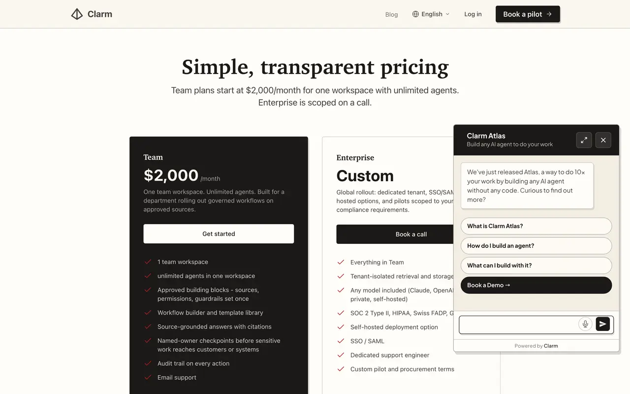 Clarm pricing page - AI Customer Support SaaS pricing tiers and plans