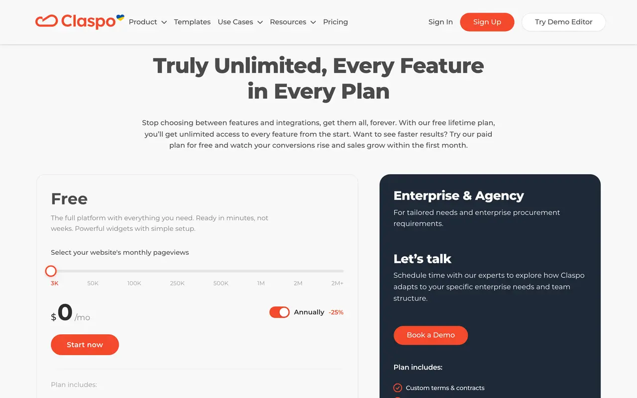 Claspo pricing page - Popups SaaS pricing tiers and plans