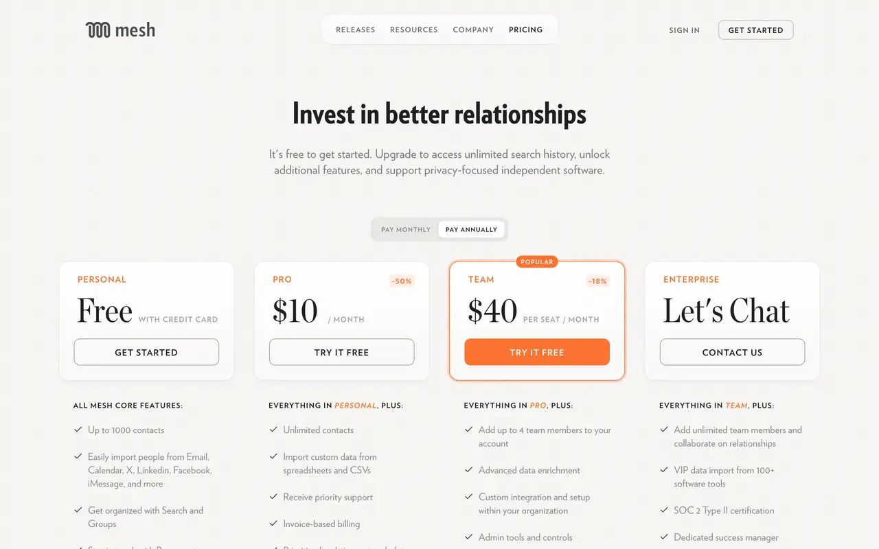 Mesh pricing page - CRM SaaS pricing tiers and plans