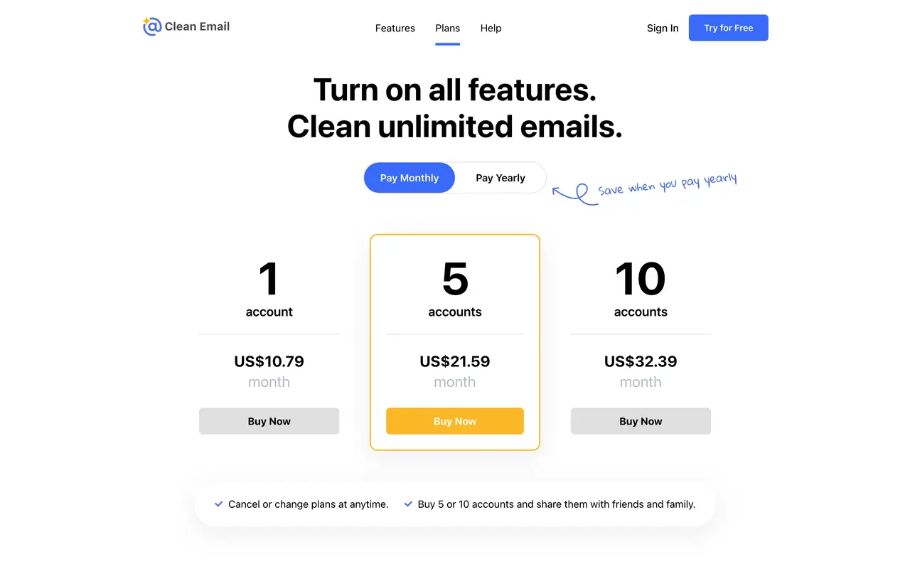 Clean Email pricing page - Email SaaS pricing tiers and plans