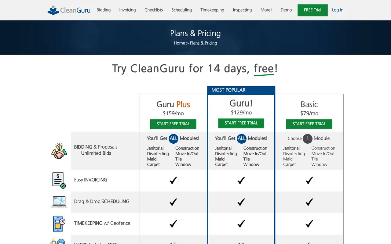 CleanGuru pricing page - Cleaning Services SaaS pricing tiers and plans