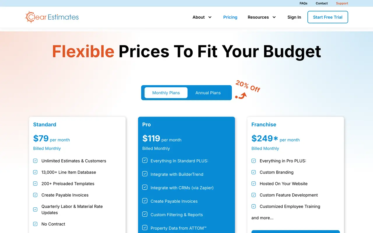 Clear Estimates pricing page - Construction SaaS pricing tiers and plans