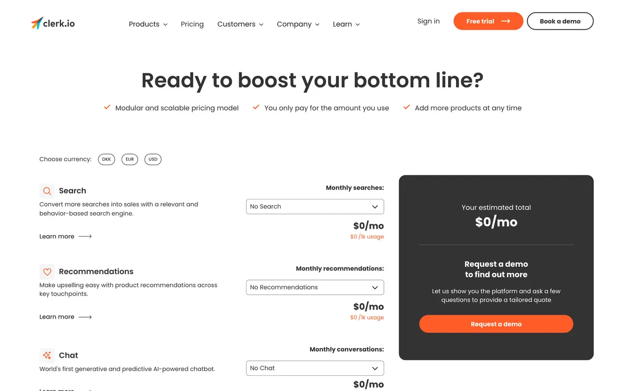 Clerk.io pricing page - E-commerce SaaS pricing tiers and plans