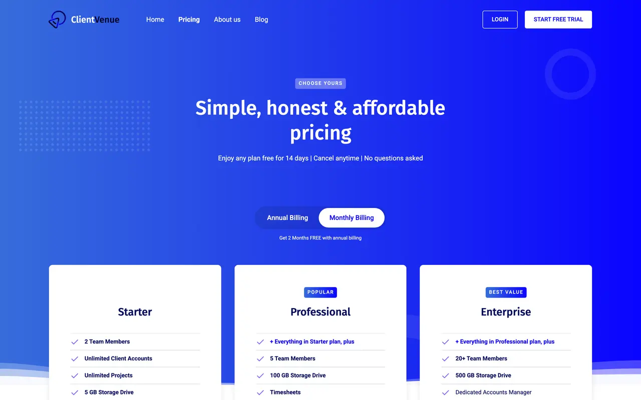 ClientVenue pricing page - Client Portal SaaS pricing tiers and plans
