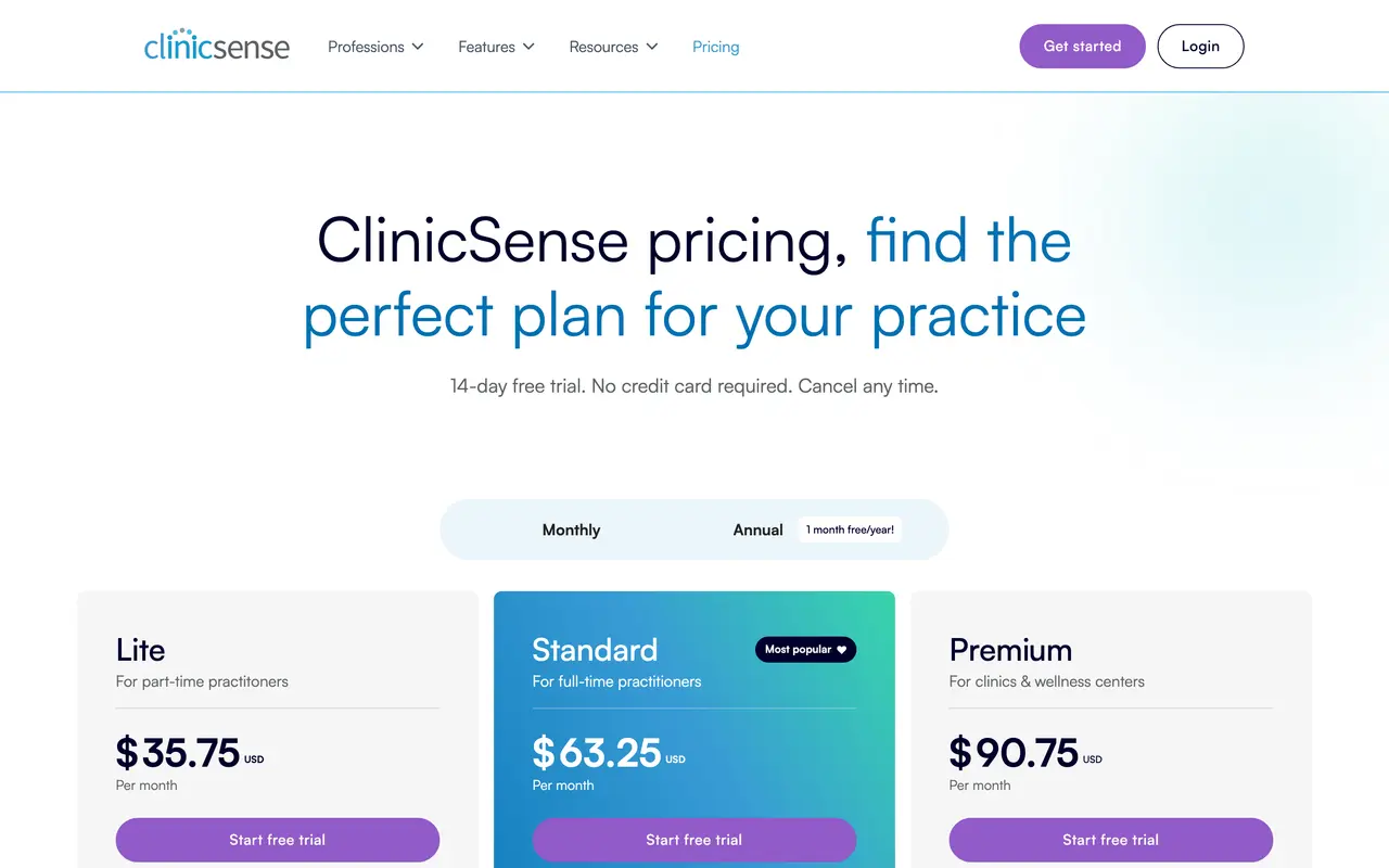 ClinicSense pricing page - Healthcare & Wellness SaaS pricing tiers and plans