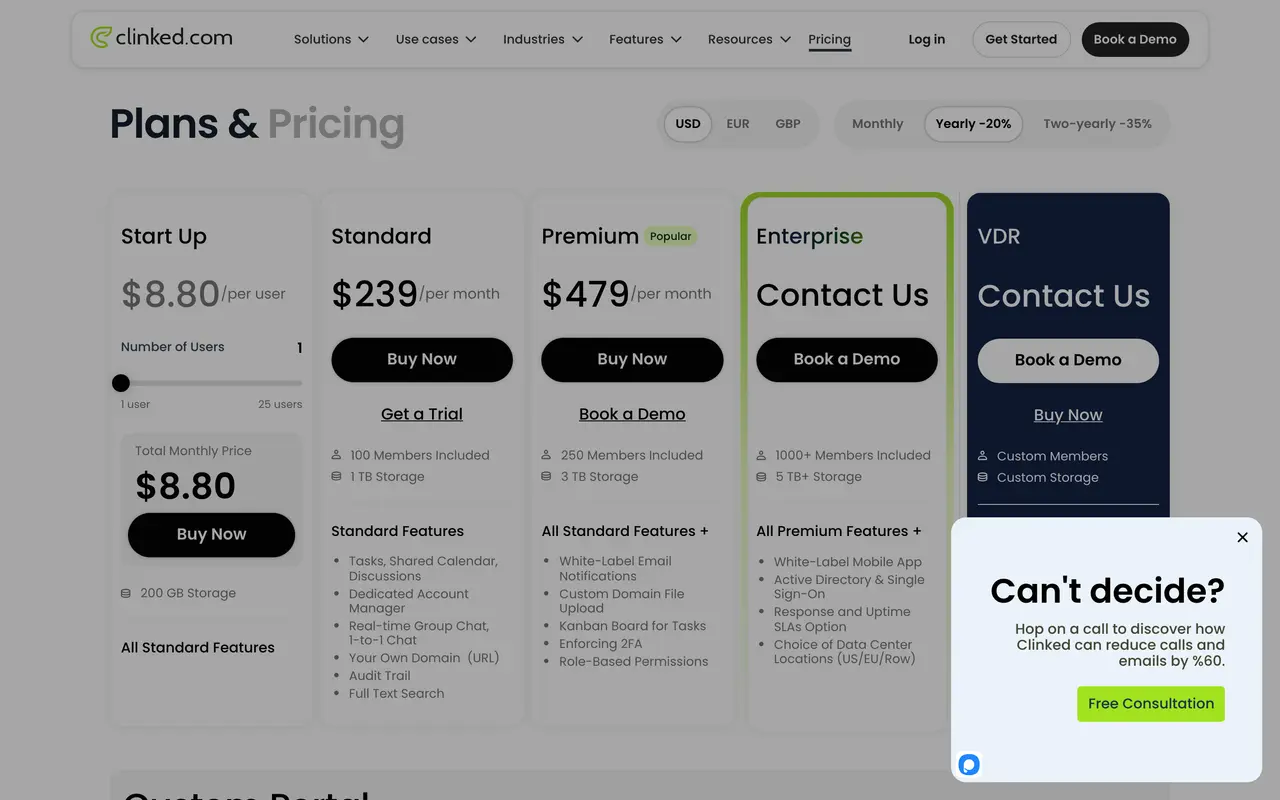 Clinked pricing page - Client Portal SaaS pricing tiers and plans