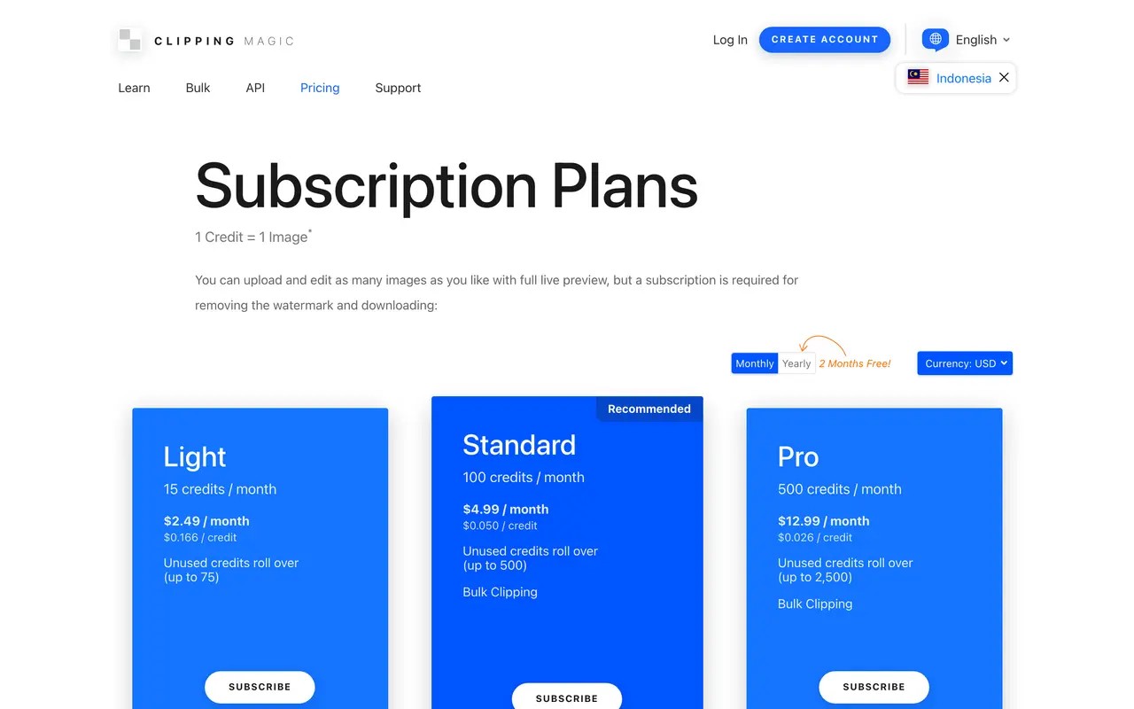Clipping Magic pricing page - Image Tools SaaS pricing tiers and plans