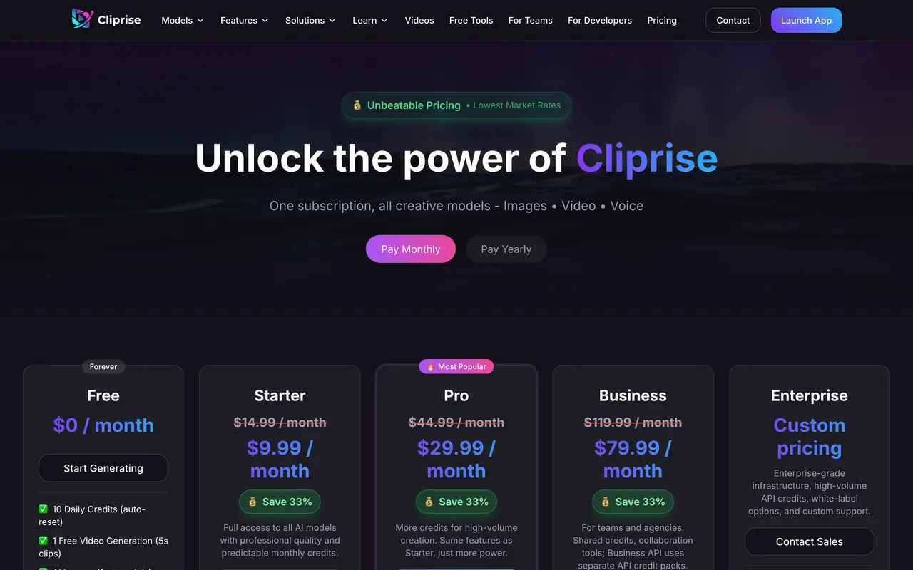 Cliprise pricing page - Video & Streaming SaaS pricing tiers and plans