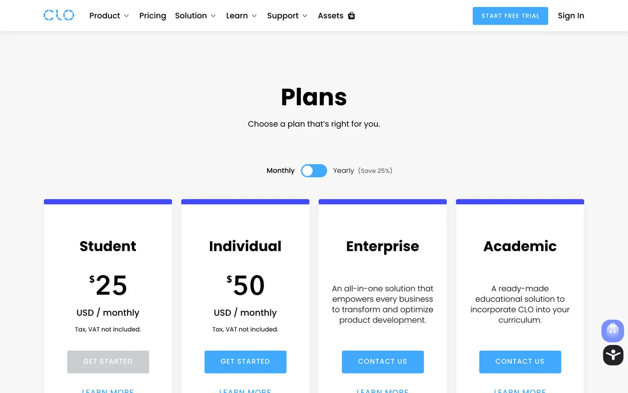 CLO 3D pricing page - Creative SaaS pricing tiers and plans