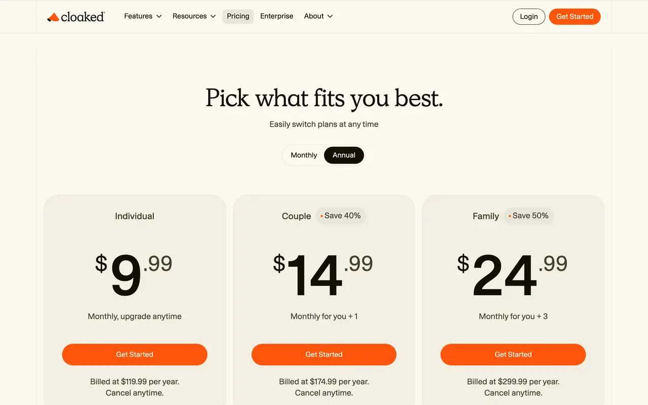 Cloaked pricing page - Privacy SaaS pricing tiers and plans