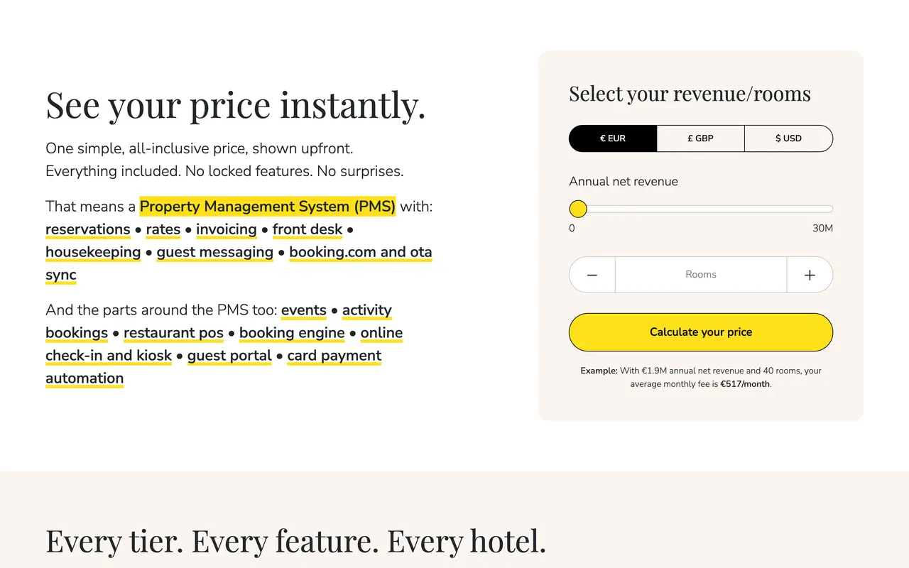 Clock PMS pricing page - Hotels SaaS pricing tiers and plans