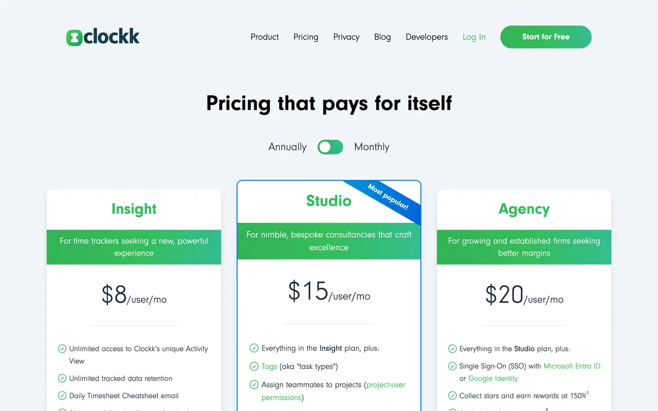 Clockk pricing page - Accounting & Tax SaaS pricing tiers and plans