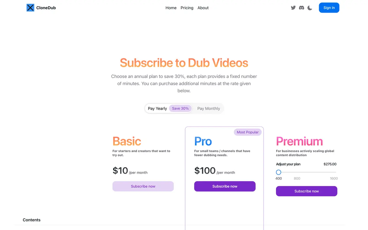 CloneDub pricing page - Video & Streaming SaaS pricing tiers and plans