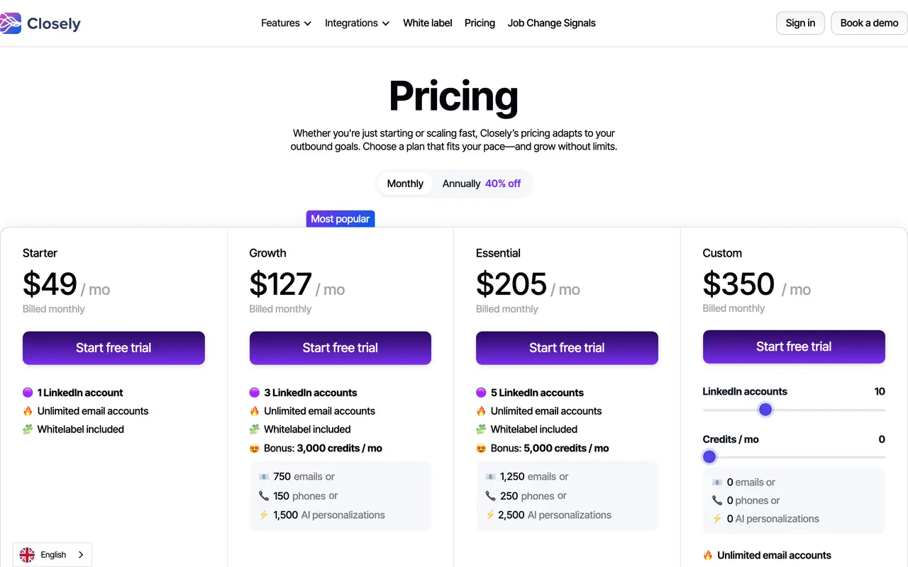 Closely pricing page - Social Media SaaS pricing tiers and plans