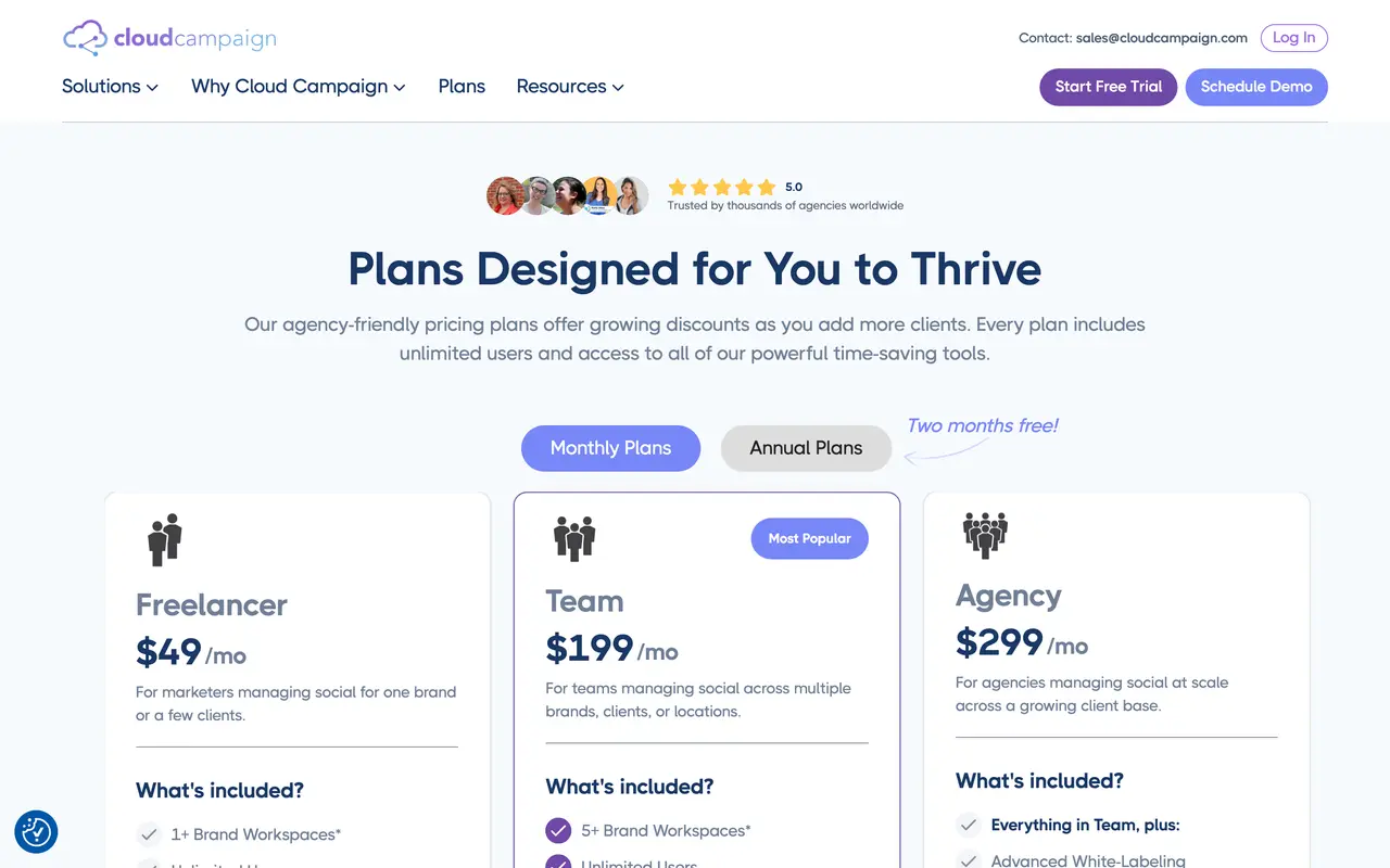 Cloud Campaign pricing page - Social Media SaaS pricing tiers and plans
