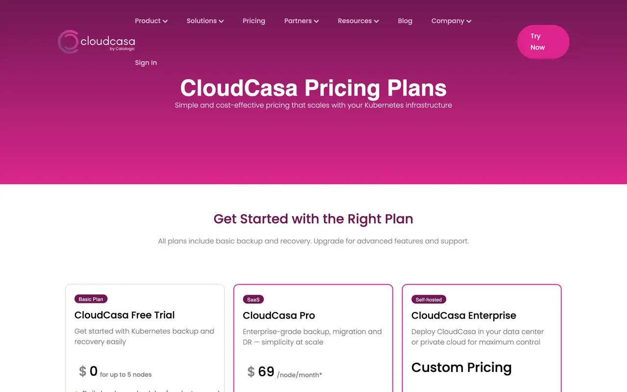 CloudCasa pricing page - Backup SaaS pricing tiers and plans