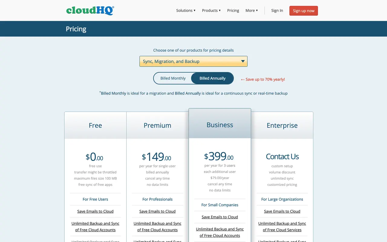 cloudHQ pricing page - Google Workspace SaaS pricing tiers and plans