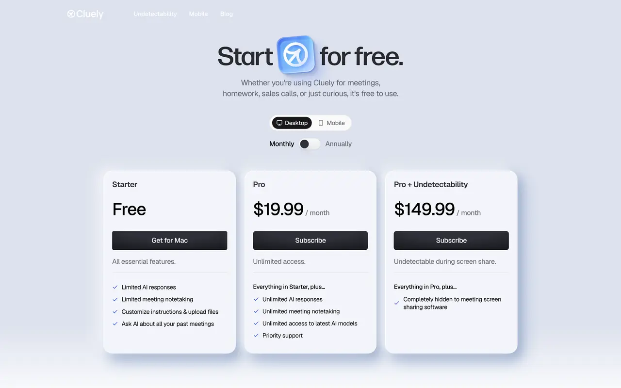 Cluely pricing page - AI Productivity SaaS pricing tiers and plans