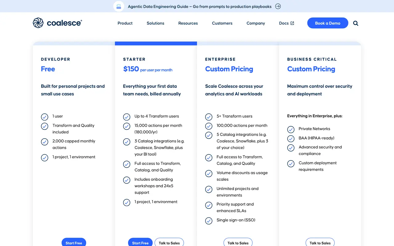 Coalesce pricing page - Data SaaS pricing tiers and plans