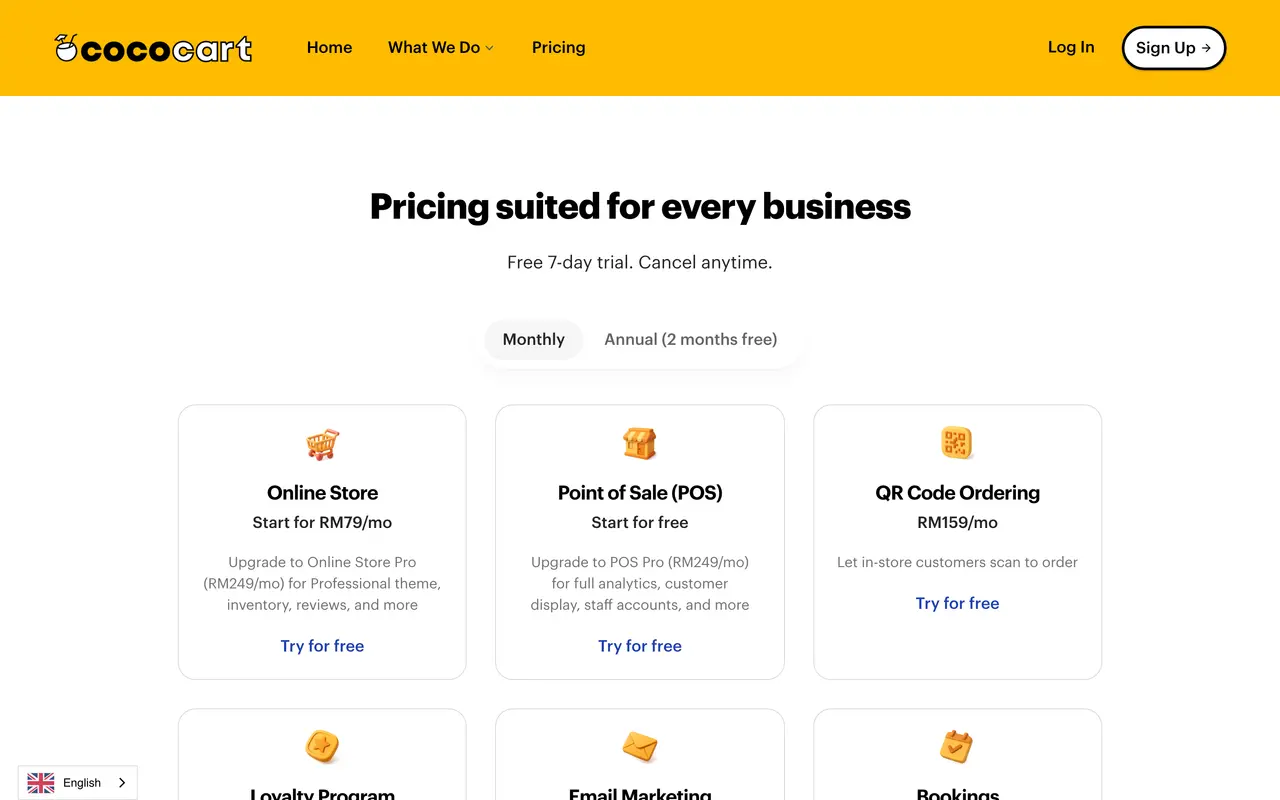 Cococart pricing page - E-commerce SaaS pricing tiers and plans