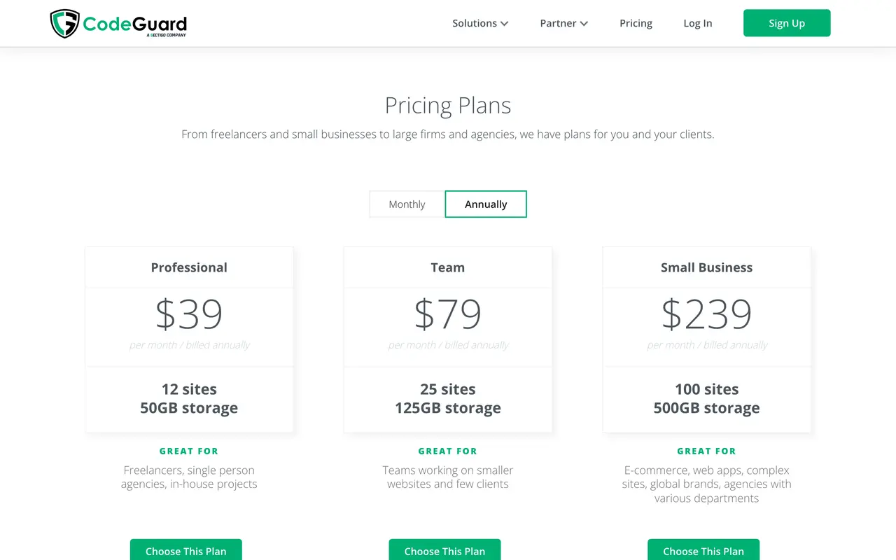 CodeGuard pricing page - WordPress SaaS pricing tiers and plans