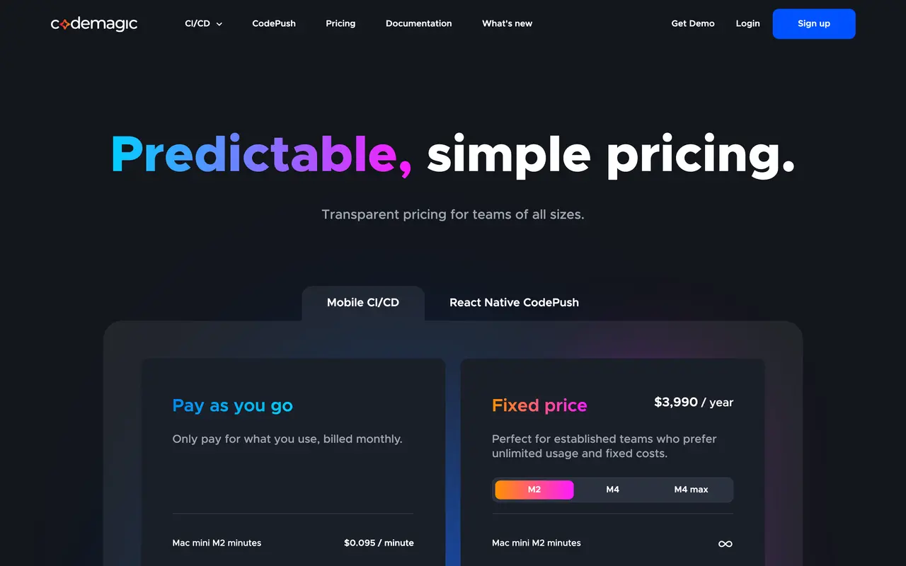 Codemagic pricing page - DevOps & CI/CD SaaS pricing tiers and plans