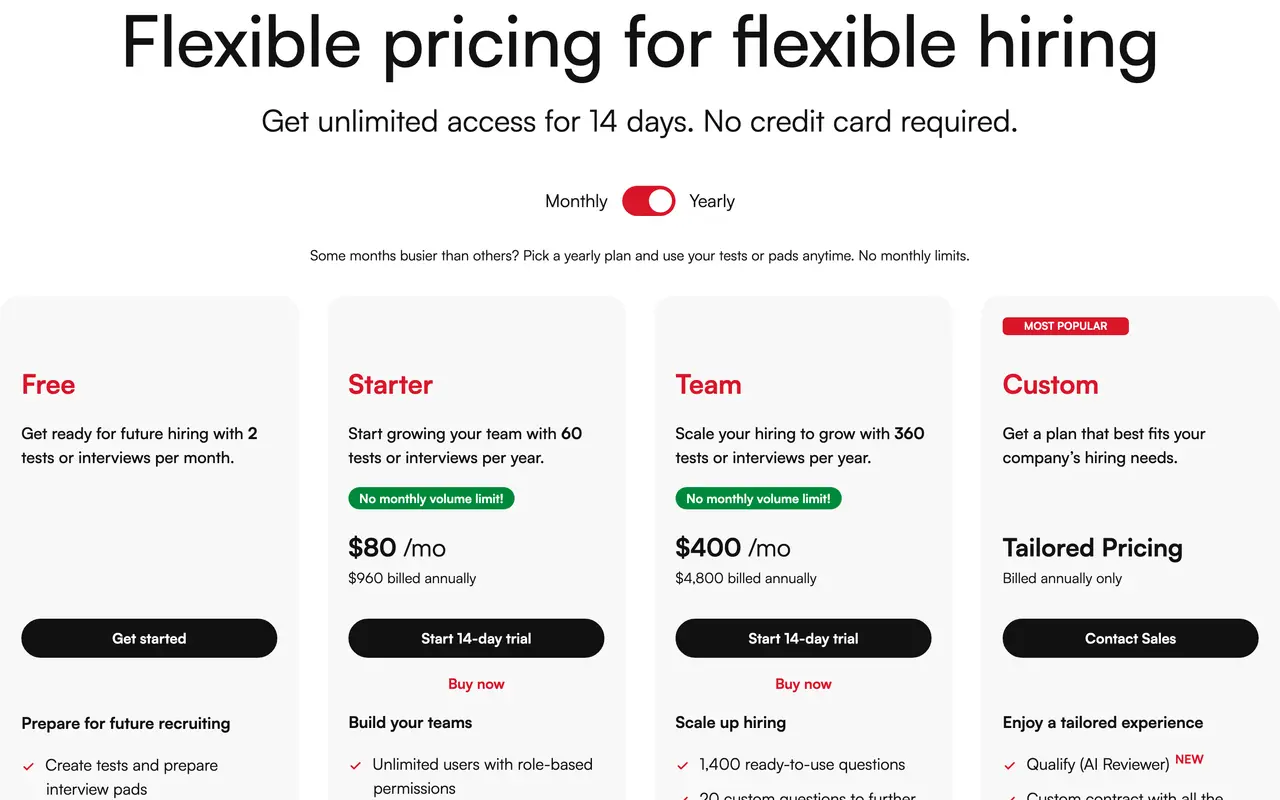 CoderPad pricing page - Recruiting SaaS pricing tiers and plans