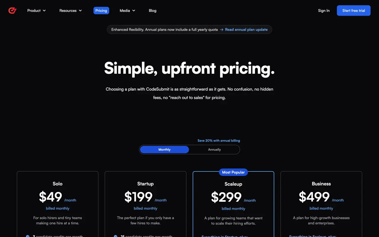 CodeSubmit pricing page - Recruiting SaaS pricing tiers and plans