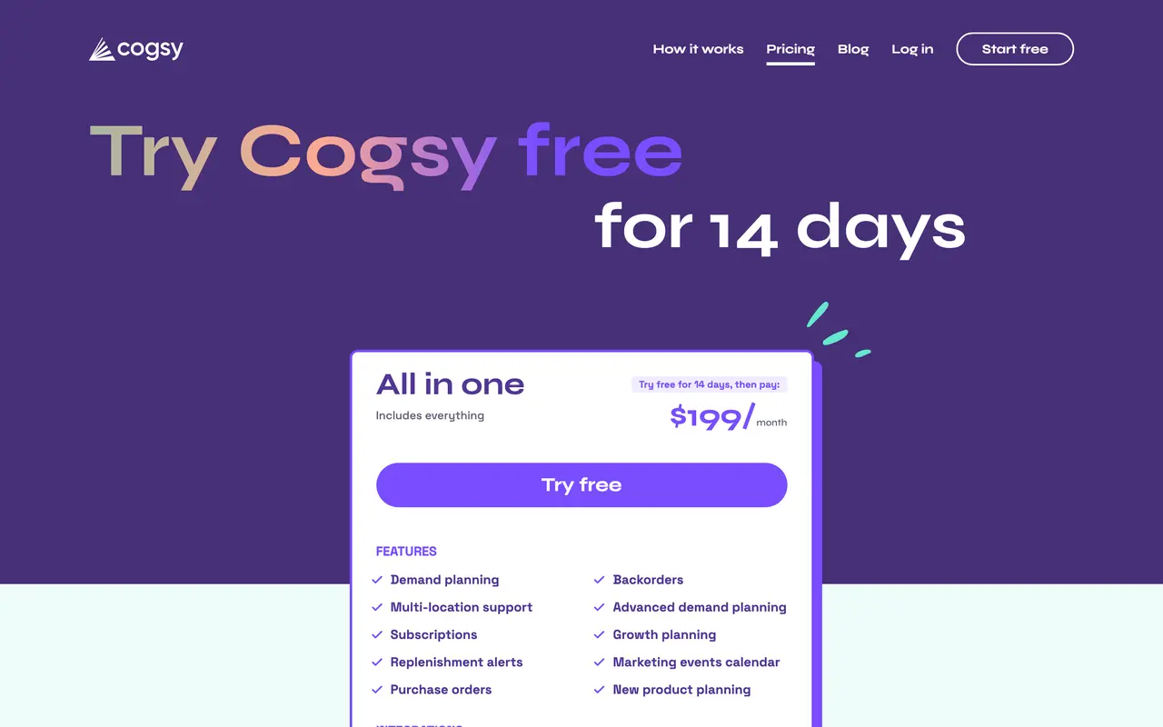 Cogsy pricing page - Supply Chain & Logistics SaaS pricing tiers and plans