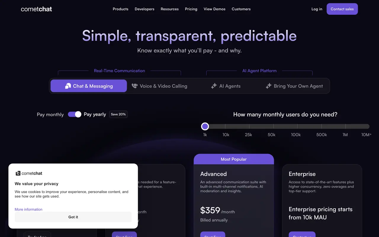 CometChat pricing page - API Tools SaaS pricing tiers and plans