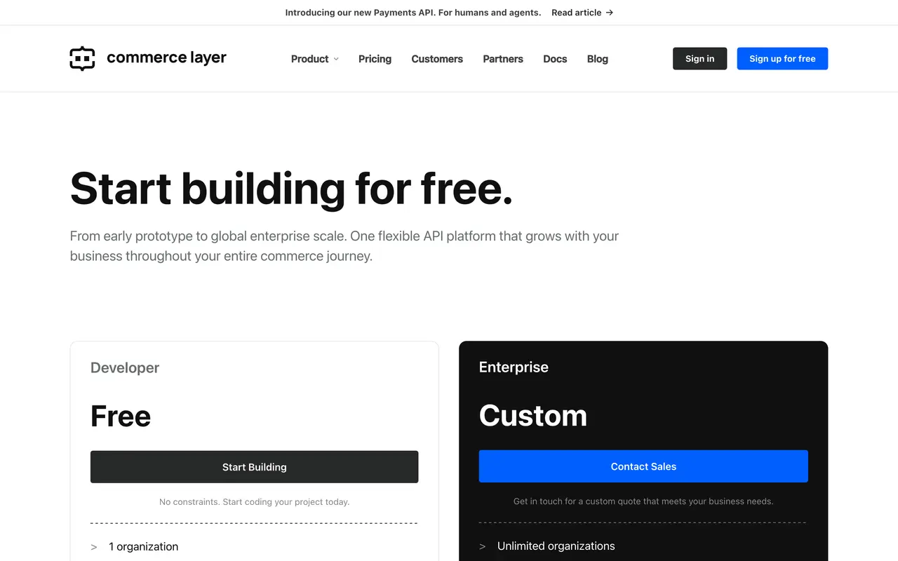 Commerce Layer pricing page - E-commerce SaaS pricing tiers and plans