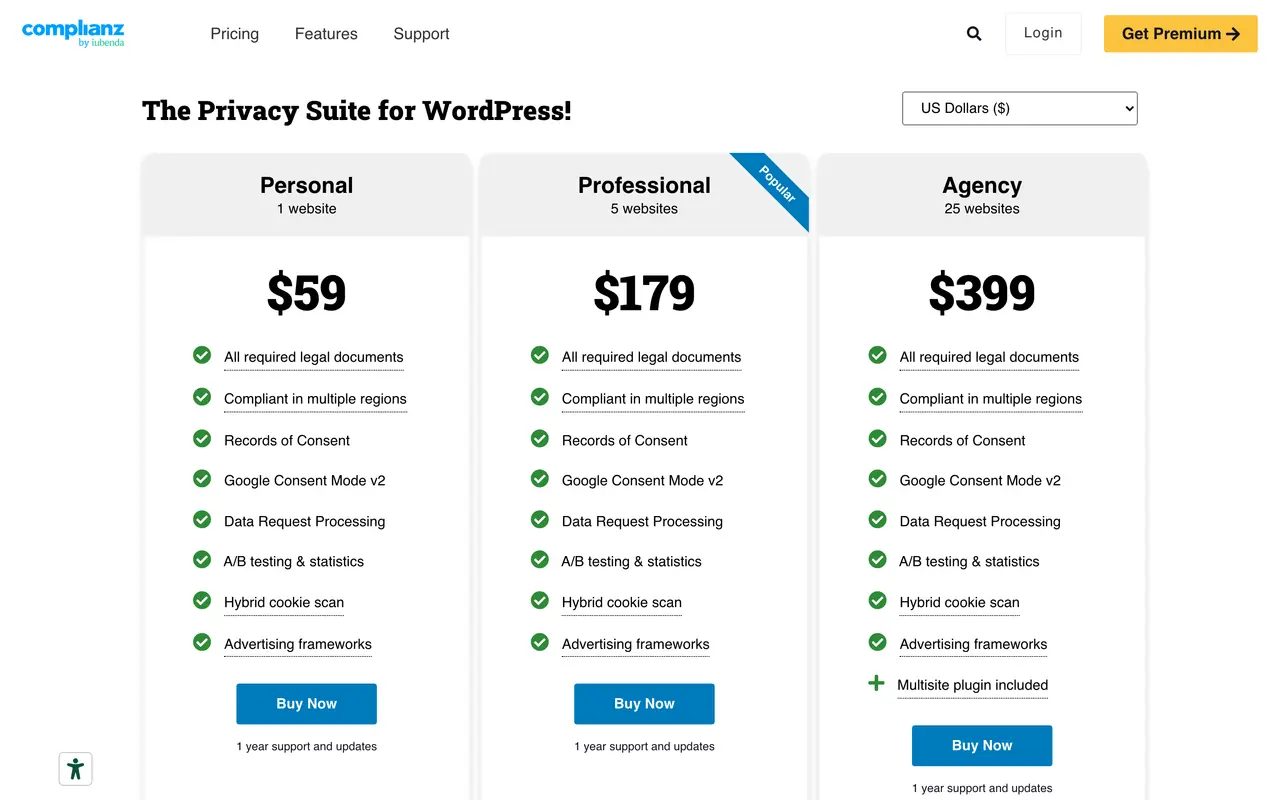 Complianz pricing page - Data Privacy & Governance SaaS pricing tiers and plans