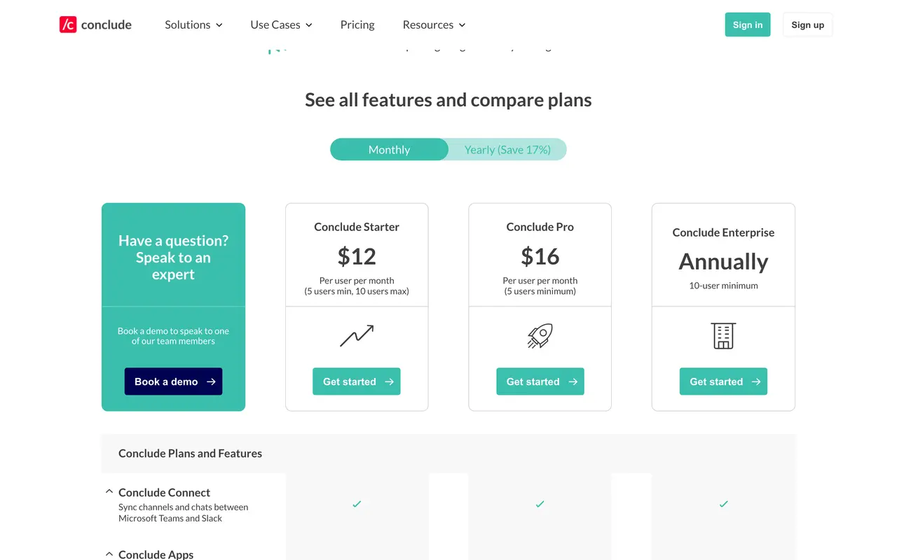Conclude pricing page - Customer Support SaaS pricing tiers and plans