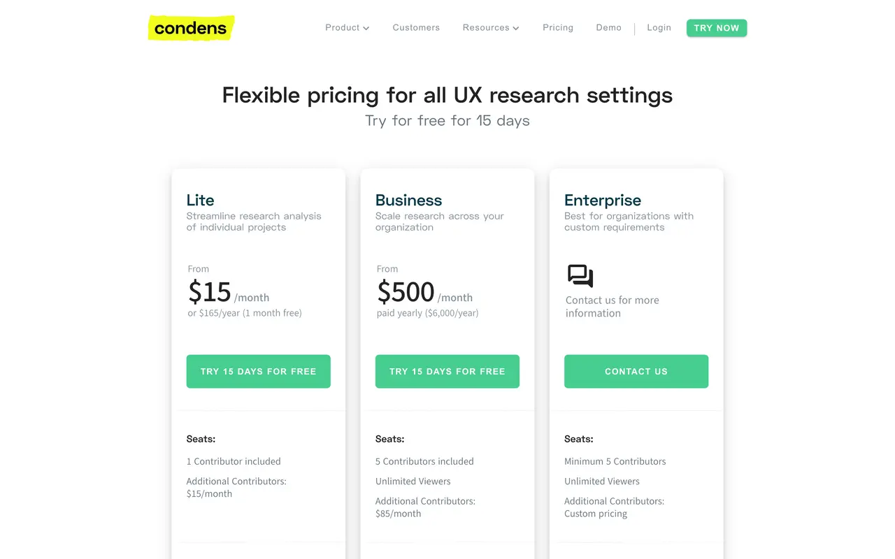 Condens pricing page - Customer Feedback SaaS pricing tiers and plans