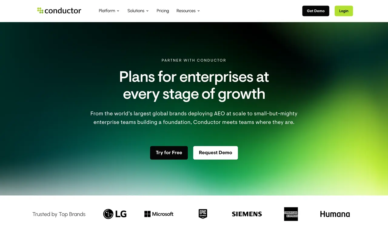 Conductor pricing page - SEO & Content Marketing SaaS pricing tiers and plans