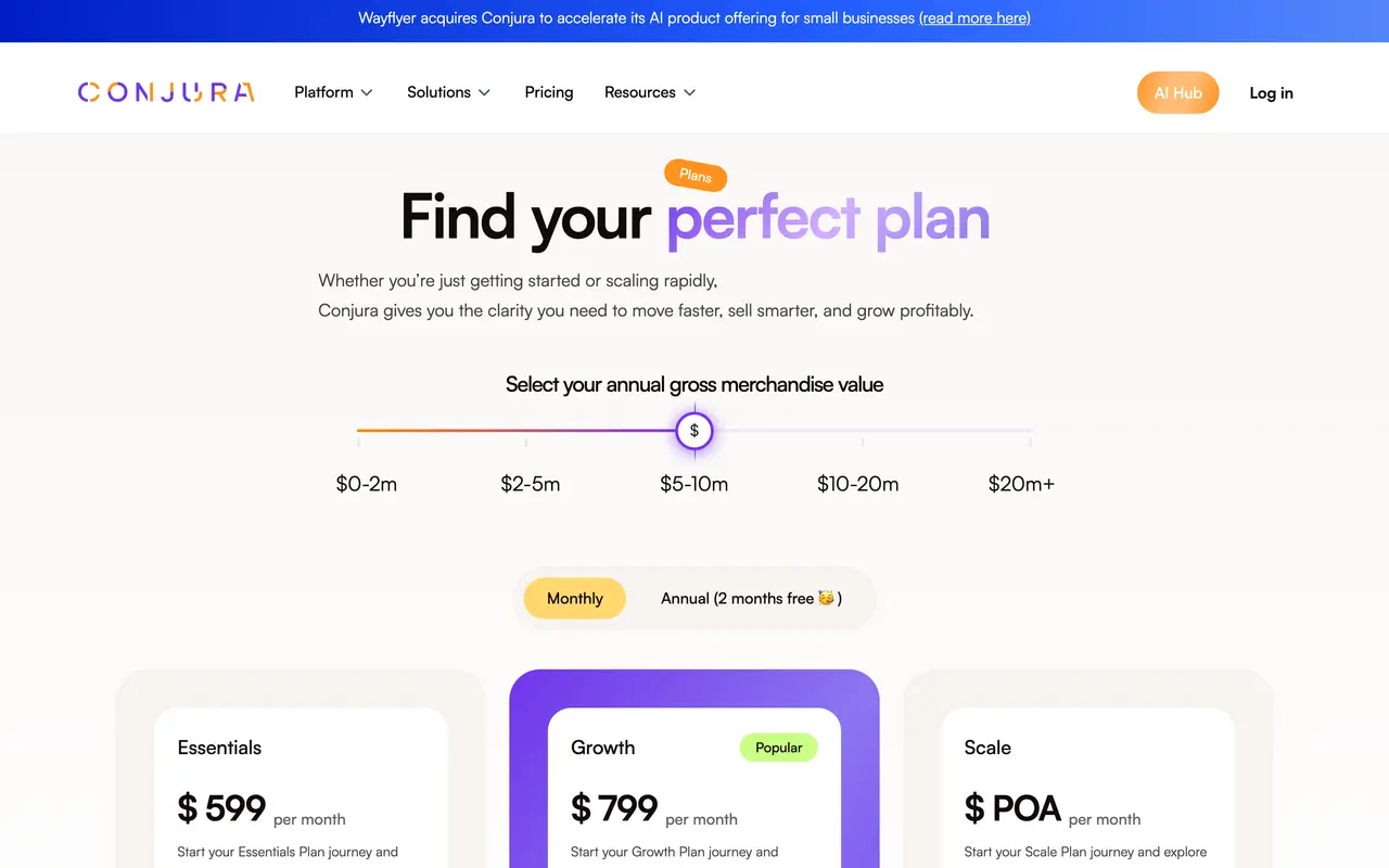 Conjura pricing page - E-commerce SaaS pricing tiers and plans