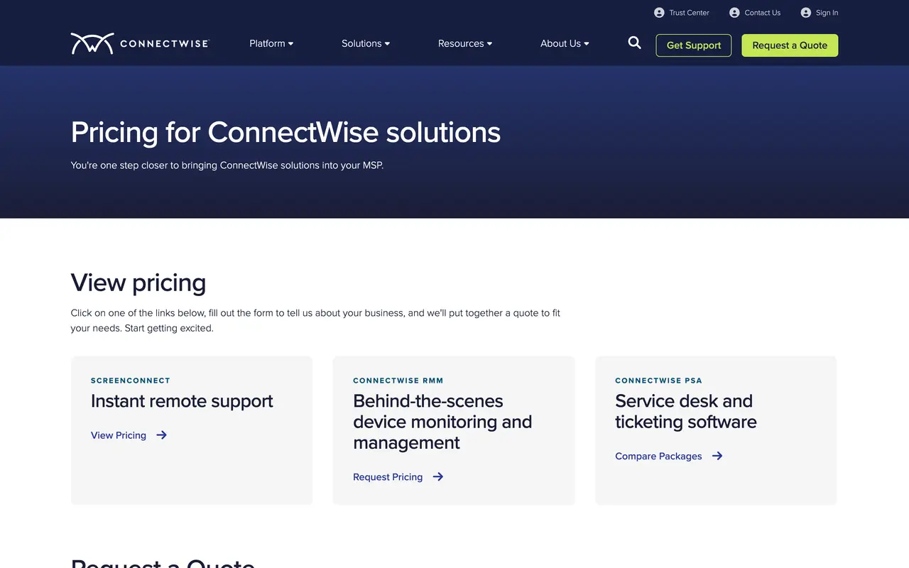 ConnectWise pricing page - IT Service Management SaaS pricing tiers and plans