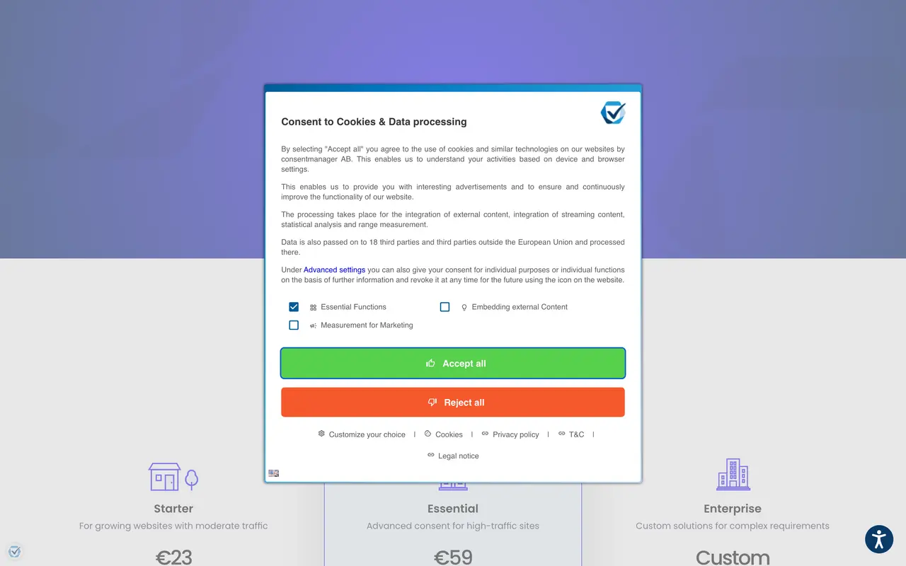 consentmanager pricing page - Privacy SaaS pricing tiers and plans