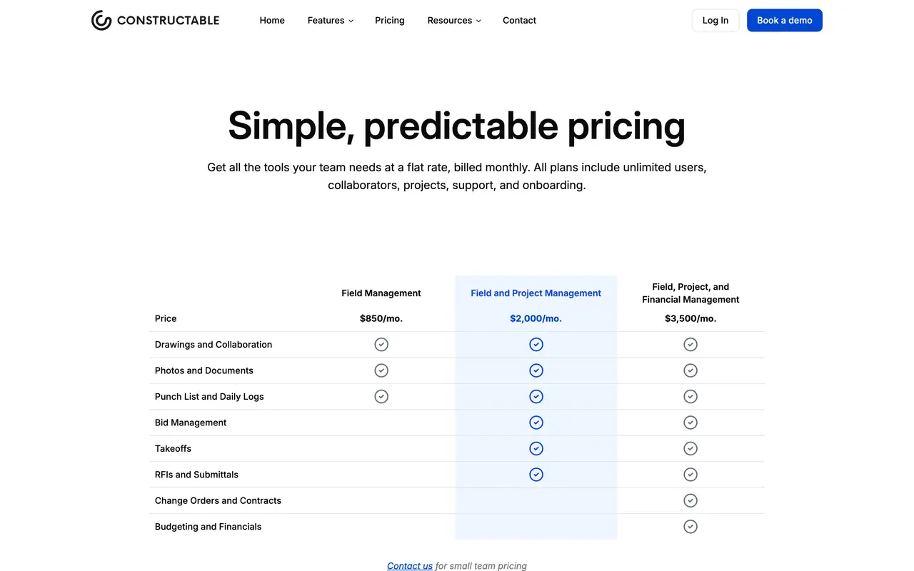 Constructable pricing page - AI Real Estate SaaS pricing tiers and plans