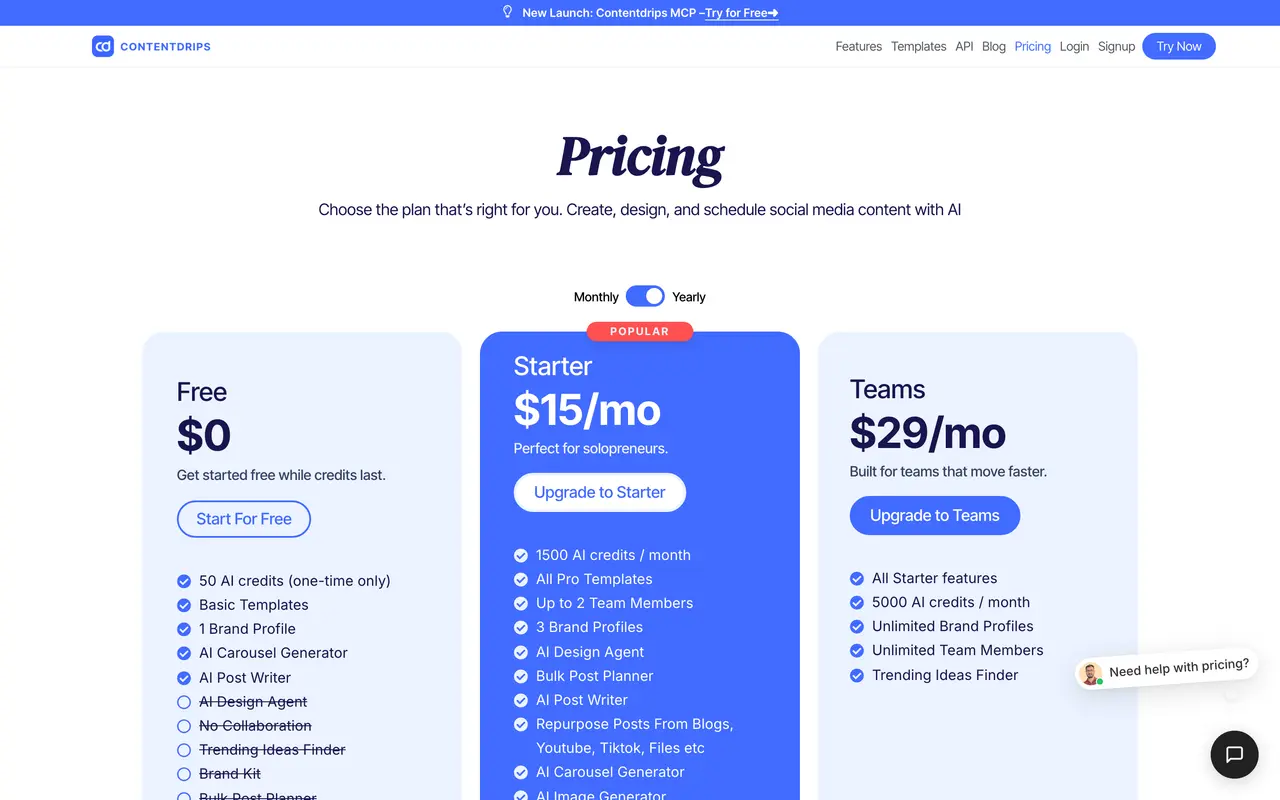 Contentdrips pricing page - Design SaaS pricing tiers and plans