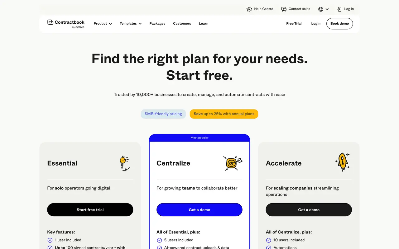 Contractbook pricing page - Proposal & Contract SaaS pricing tiers and plans