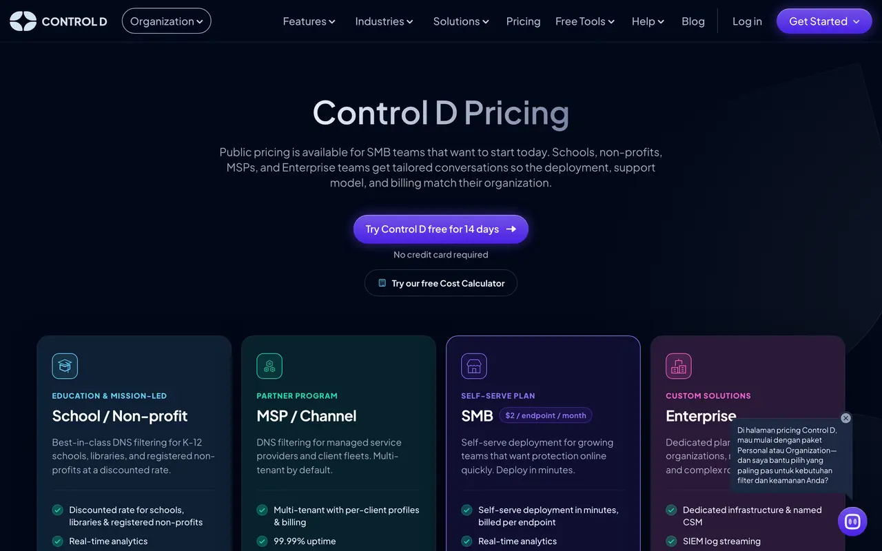 ControlD pricing page - VPN & Network Security SaaS pricing tiers and plans