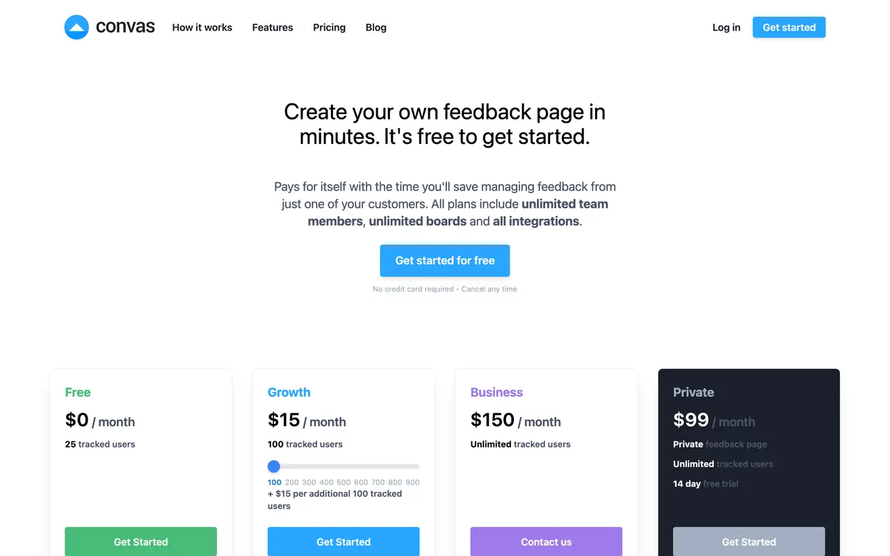 Convas pricing page - Feedback SaaS pricing tiers and plans